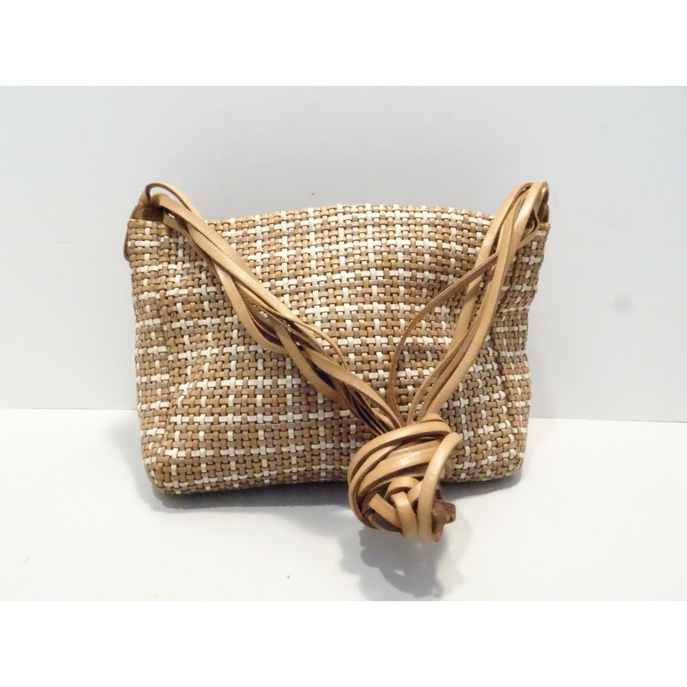 CEM Woven Leather Shoulder Bag Tan Cream White Multi Strand Knot Strap Crossbody